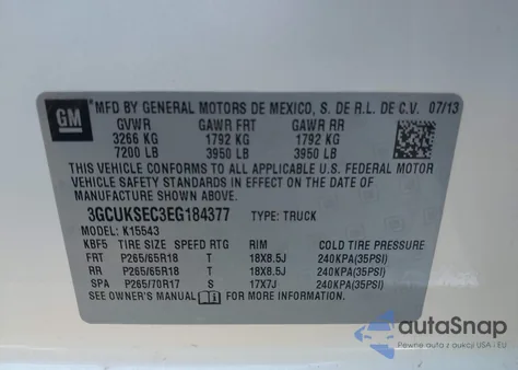 2014 Chevrolet Silverado 1500 2Lz from USA, damaged, VIN 3GCUKSEC3EG184377